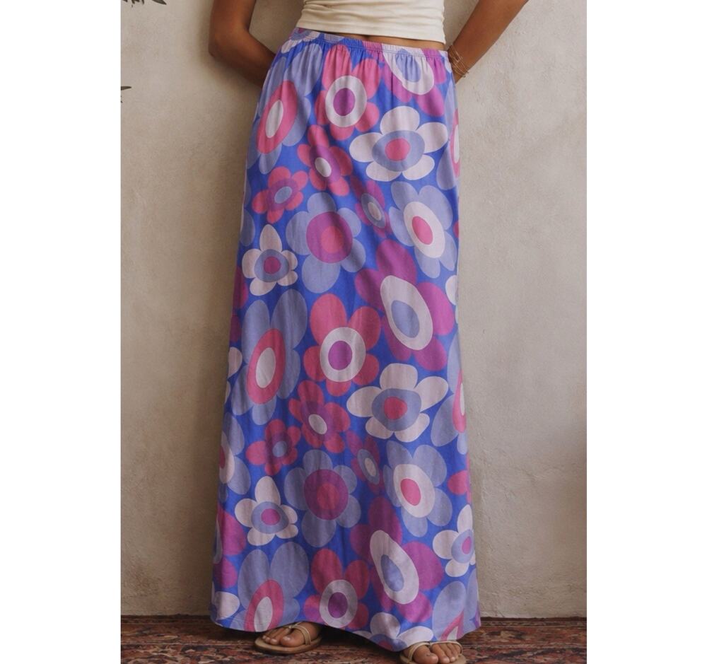 Lucy & Yak Women M Medium Floral Maxi Skirt Purple Pink Blue Retro Boho Festival